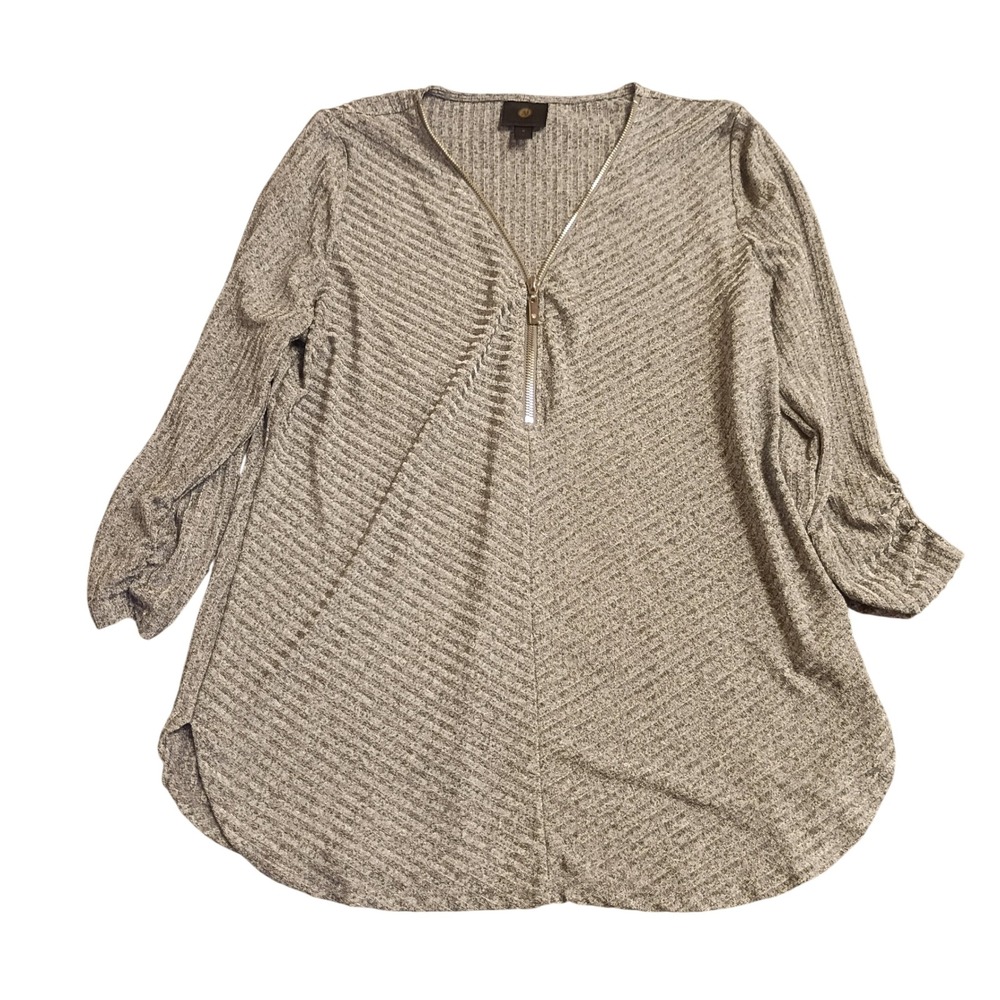 JM Collection Half Zip Top Womens Medium Gray Marled Ribbed 3/4 Sleeve Pullover